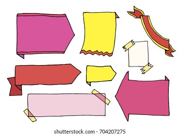 Colored Set of Cute Hand drawn Doodle Banners isolated on white background for your Design. Bullet journal Ideas. Girly Stuff. Sticky Notes.