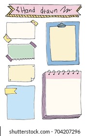 Colored Set of Cute Hand drawn Doodle Banners and Frame isolated on white background for your Design. Bullet journal Ideas. Girly Stuff. Sticky notes.