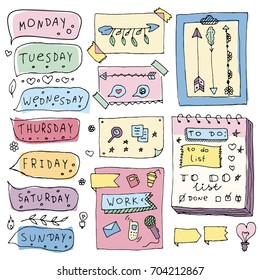 Colored Set of Cute Hand drawn Doodle Banners isolated on white background for your Design. Day of week in speech cloud. Bullet journal Ideas. Girly Stuff.
