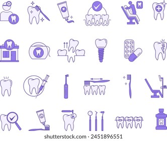 Conjunto de iconos dentales de color. Ícono de Vector de odontología, diente, implante, diente roto, aparatos ortopédicos, cuidado dental, extracción dental, examen y otros