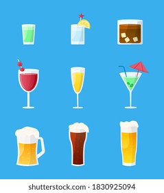 Colored set of different alcoholic glasses and mugs filled with alcoholic beverages and cocktails. Flat cartoon vector illustration isolated on blue background.