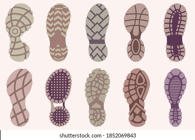 Colored Set Of Different Footprints Of Shoes. Elegant, Tailored And Sporty Outsole. Vector Illustration. Isolated Objects On A Light Background.