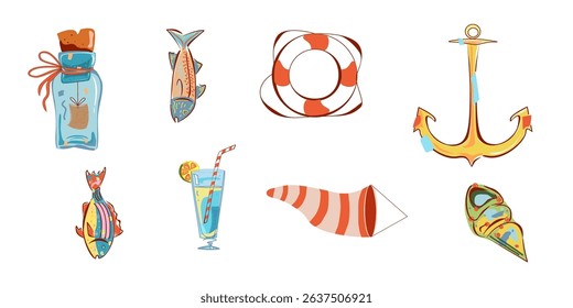 Colored set with different marine elements on white background. Vector illustration. Sea objects for greeting cards, decoration, magazines, banners, menu, patterns and designs
