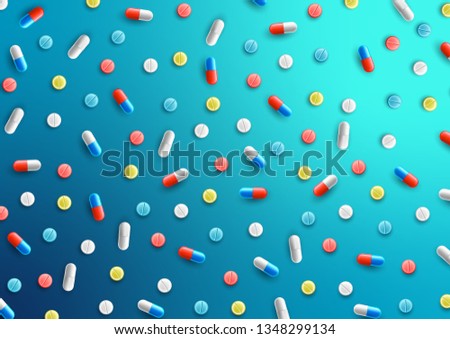 Colored set different pills, medical background. Prescription drugs concept. Vector realistic illustration.
