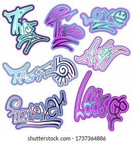 Colored set of different words- travel, love, forever, for, the, this, let's go,. Hand drawn elements for typography, graphic design. Vector clipart.
