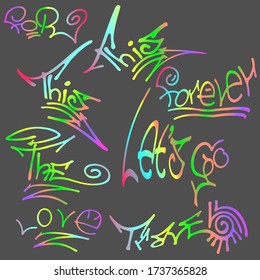 Colored set of different words- travel, love, forever, for, the, this, let's go,. Hand drawn elements for typography, graphic design. Vector clipart.