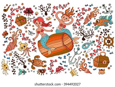 Colored Set of elements on the tropic sea life. Marine collection: anchor, treasure chest, bottle, letter, octopus, mermaid, pearls, fish, seaweed, mermaid, coral, shrimp, crown, ship, turtle. 