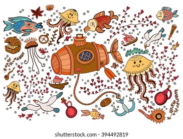 Colored Set of elements on the tropic sea life. Marine collection: submarine, barrels, bottles for wine, fish, starfish, jellyfish, anchor, compass, seagulls, birds, telescope, shells, seaweed,
