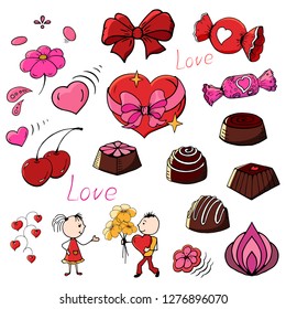 Colored set of elements for Valentine's day background, lover with flowers, chocolate, heart, elements for greeting card decoration 