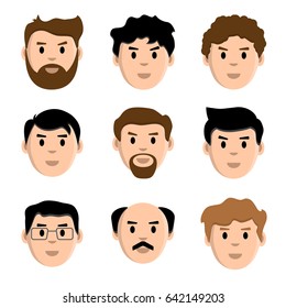 Colored set of faces men. Male characters. Vector illustration