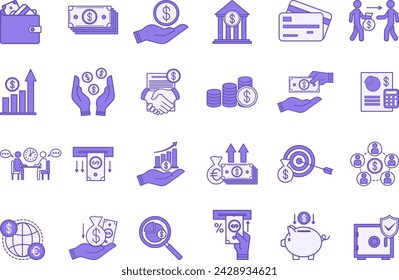 Colored Set of Finance Icons. Vector Icons of Money, Credit Cards, Lender, Increasing Income, Budget, Deposit, Withdrawing Money, Financial Monitoring, Bank, Mutual Fund, and Other