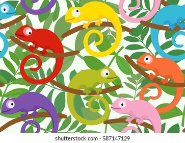 Colored set of funny chameleon on a background of leaves. Suitable for children's playrooms, wallpaper, textile.