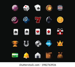 Colored Set Of Gambling And Online Gaming Related Vector Line Icons. Slot Machine, Roulette, Dice, Lotto ,Keno, Dice And More.