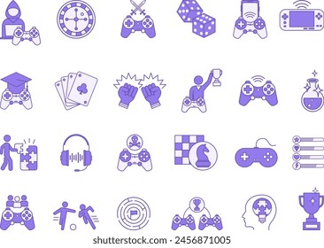 Farbige Gruppe von Spielemusiken Icons. Vektor-Icons von Arcade-Spiel, Handy-Spiel, Kartenspiel, Würfel, Kampf, Casino, Schach, Konsole, Kopfhörer, Game Over, und andere