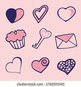 Colored Set of hand draw hearts, cake, key and envelope. Illustration Of Flat Heart Symbol. Love Emblem Collection. Graphic Design In The Concept of Love. Love Symbol for Valentines Day.