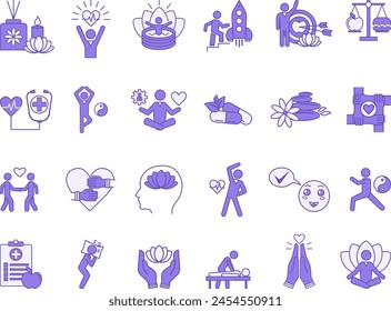 Colored Set of Health Icons. Mental Health. Vector Icons of Relaxation, Yoga, Aromatherapy, Massage, Balanced Diet, Spa, Herbal Medicine, Spirituality, Stress Management and Other