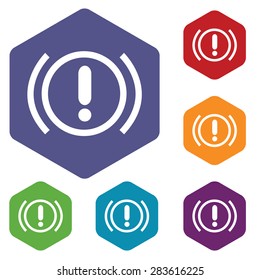 Colored set of hexagon icons with alert sign, isolated on white