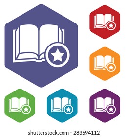 Colored set of hexagon icons with book and star, isolated on white