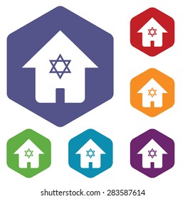 Colored set of hexagon icons with house with Star of David, isolated on white