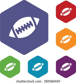 Colored set of hexagon icons with image of rugby ball, isolated on white