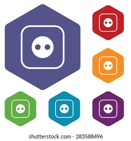 Colored set of hexagon icons with image of socket, isolated on white