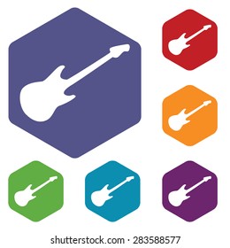 Colored set of hexagon icons with image of electric guitar, isolated on white