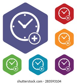 Colored set of hexagon icons with image of clock and plus, isolated on white