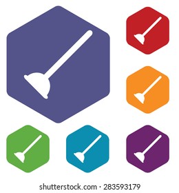 Colored set of hexagon icons with image of plunger, isolated on white