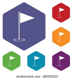 Colored set of hexagon icons with image of golf flagstick, isolated on white