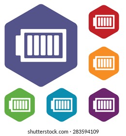 Colored set of hexagon icons with image of charged battery, isolated on white