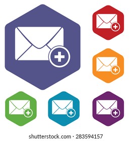 Colored set of hexagon icons with image of envelope and plus, isolated on white