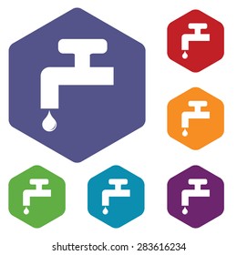 Colored set of hexagon icons with image of water tap, isolated on white