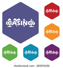 Colored set of hexagon icons with text CASINO and card symbols, isolated on white