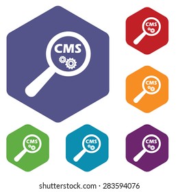 Colored set of hexagon icons with text CMS under loupe, isolated on white