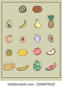 colored set of icons from icons of fruits, vegetables