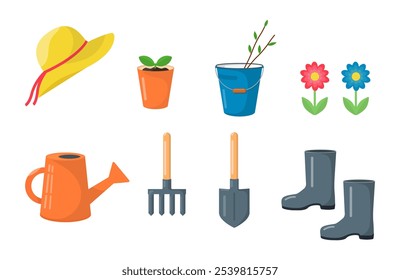 Colored set of items for gardening. Objects isolated on a white background. Vector illustration in flat style, color icons. Various agricultural and garden tools for spring work.