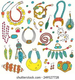 Colored set of jewelry items. Handmade accessories - ring, necklace, earrings, cufflinks, brooch and bracelets.