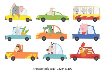 Colored Set Of Kids Transport With Cute Little Animals Driving Car. Collection Cartoon Animal Driver, Pets Vehicle And Happy In Funny Cars. Transportation Animals Character Travel In Cars