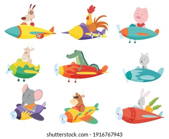 Colored set of kids transport with cute little animals flying on planes. Collection of funny pilots. Children cartoon vector illustration