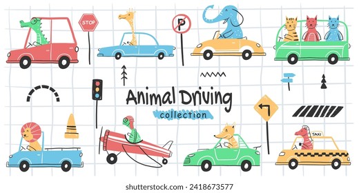 Colored set of kids transport with cute little animals driving car. hand draw.