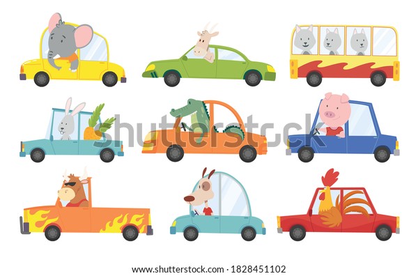 Colored set of kids transport with cute little\
animals driving car. Collection cartoon animal driver, pets vehicle\
and happy in funny cars. Transportation animals character travel in\
cars