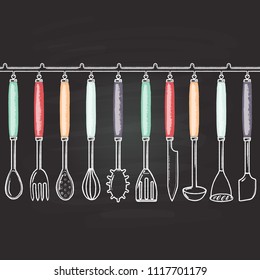 Colored set of kitchen utensils on hooks: spoon, fork, noisy, whisk, spoon for spaghetti, scapula, knife, scoop. Vector illustration of a chalk on a blackboard