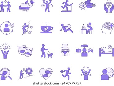 Colored Set of Lifestyle Icons. Vector Icons of Diet, Exercise, Healthy Lifestyle, Relaxation, Unhealthy Lifestyle, Luxury Lifestyle, Weight Loss, Habits, Interests, Leisure and Other