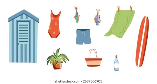 Colored set with marine elements on white background. Vector illustration. Sea objects for greeting cards, decoration, magazines, banners, menu, patterns and designs