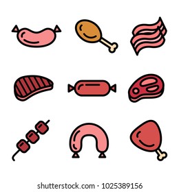 Colored set of meat icons in vector