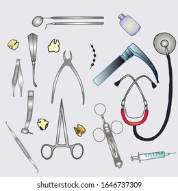 Colored set of medical instruments, chrome and metal ironing machine, clamps, probe, mirror, teeth, braces, fillings, laryngoscope, stethoscope, syringe, medicine. Dentistry, anesthesiology. Vector.