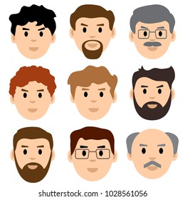 Colored set of men face icons. Male characters. Vector illustration