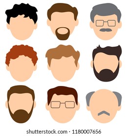 Colored set of men face icons. Young and old. Male characters. Vector illustration