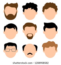 Colored set of men face icons. Young and old. Male characters. Vector illustration