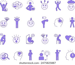 Colored Set of Mood Icons. Vector Icons of Sad, Excited, Joyful, Angry Anxious, Pensive, Surprised, Tired, Jealous, Optimistic, Confident and Others